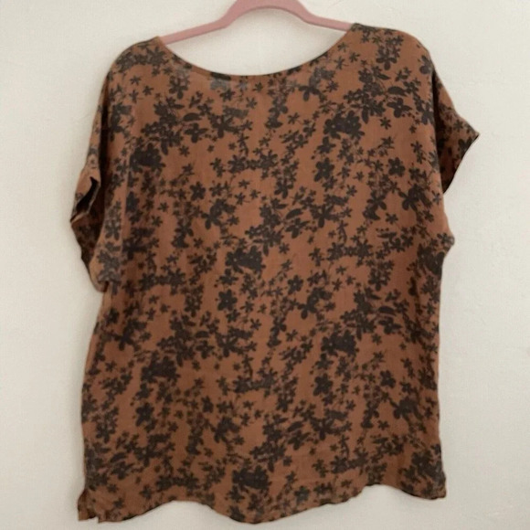 Bella Umbra 100% Linen Blouse M Brown Black Floral Made in Italy Boho Lagenlook - Picture 2 of 8
